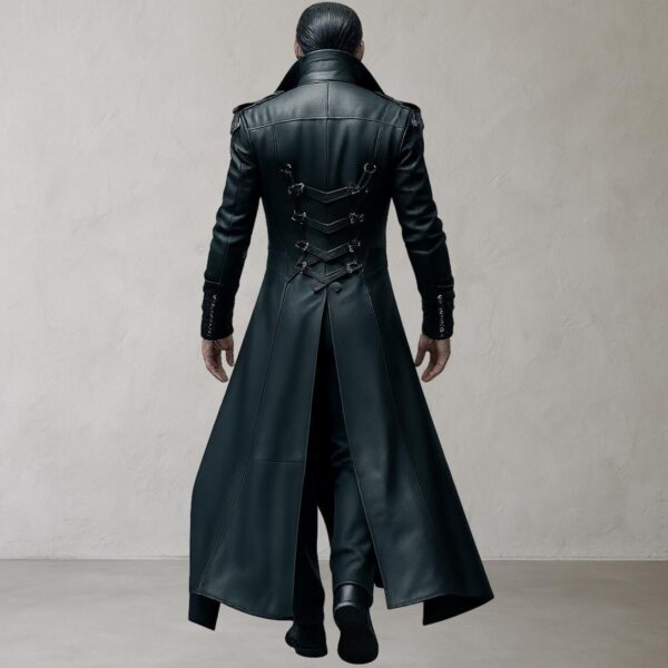 Gothic Steampunk Men Black Leather Trench Coat - Image 2