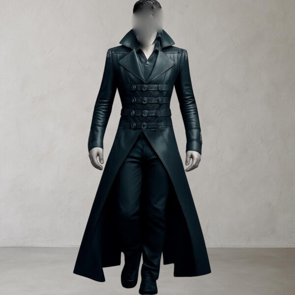 Gothic Steampunk Men Black Leather Trench Coat