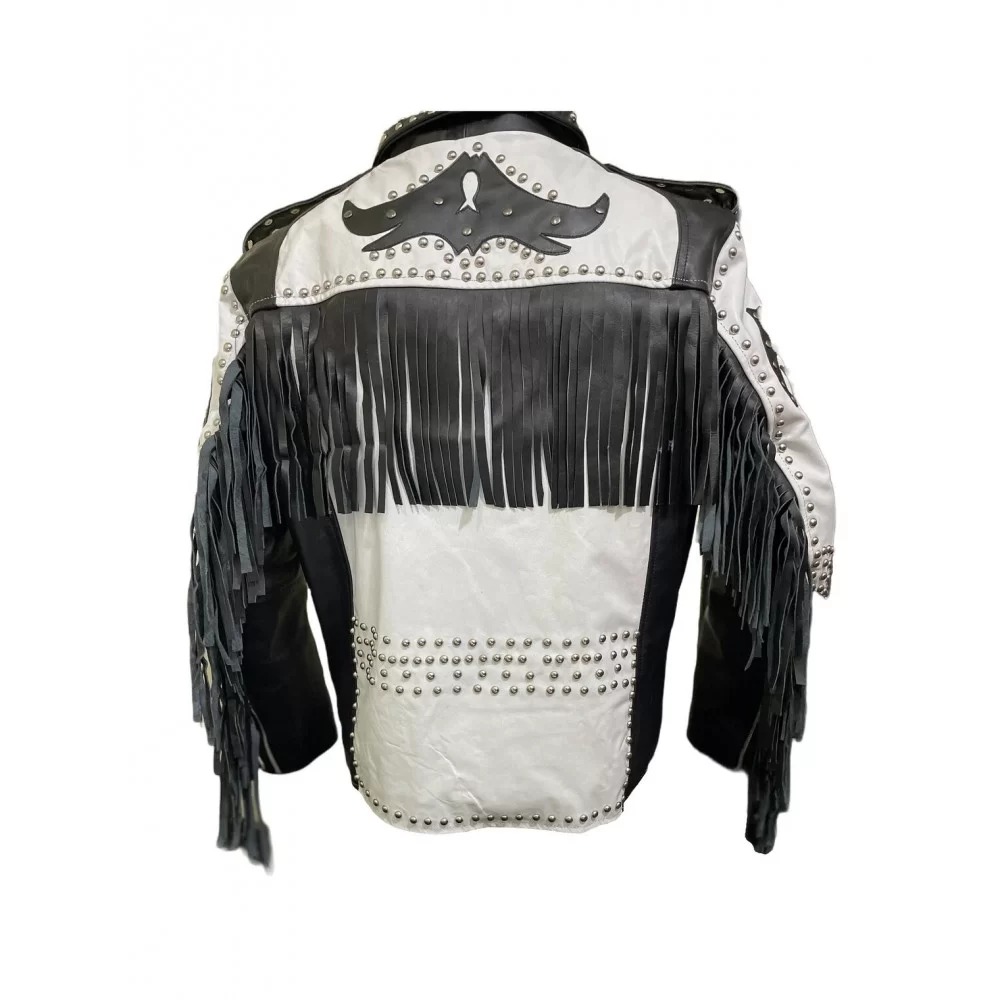 Mens Black White Genuine Leather Fringe Jackets