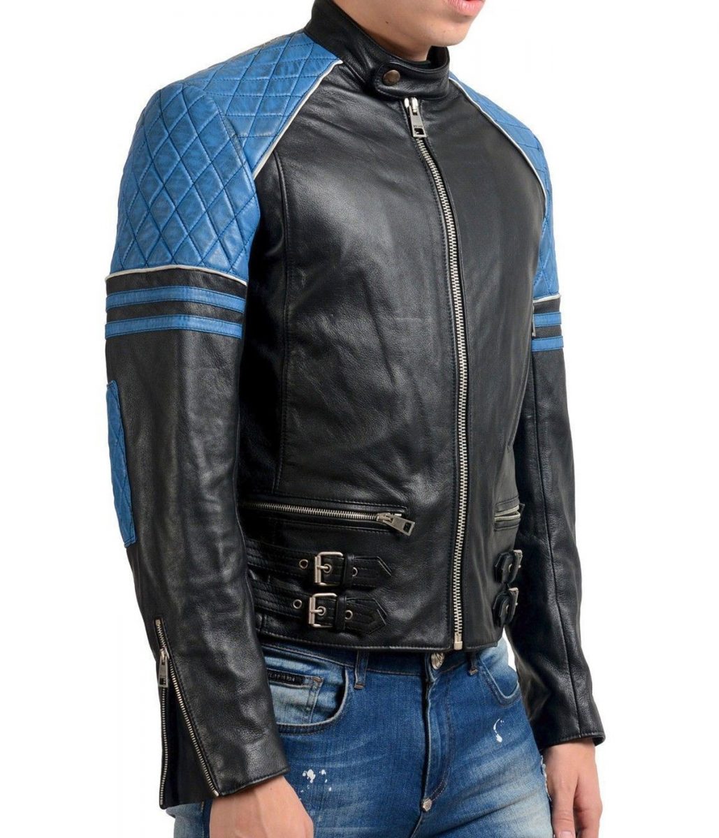 black and blue leather biker jacket scaled 1