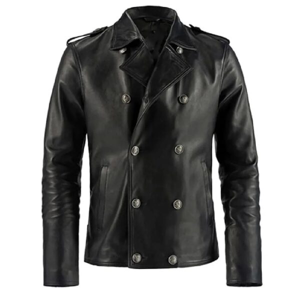 Mens Double Breasted Black Leather Blazer