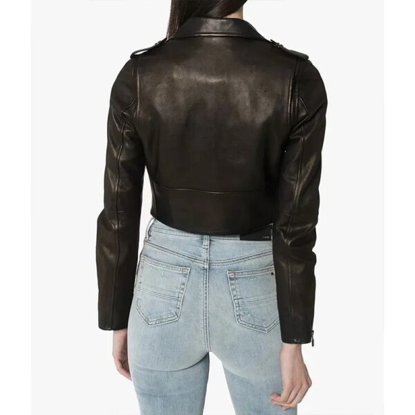 Women Black Lambskin Biker Cropped Leather Jacket - Image 3