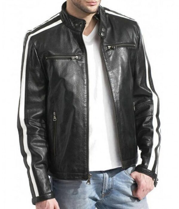 Biker Mens White Stripes Black Leather Jacket - Image 2