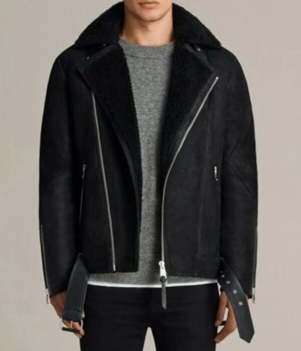 Men Brooklyn Black Shearling Leather Jacket with Fur Collar