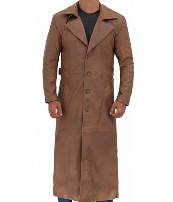 Men Brown Waxed Leather Full-Length Coat