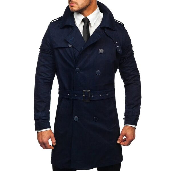 Men Double-Breasted Navy Blue Trench Coat