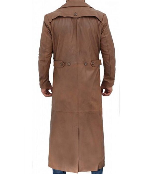 Men Brown Waxed Leather Full-Length Coat - Image 2