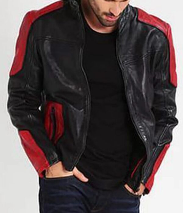 Mens Red and Black Biker Jacket - Image 2