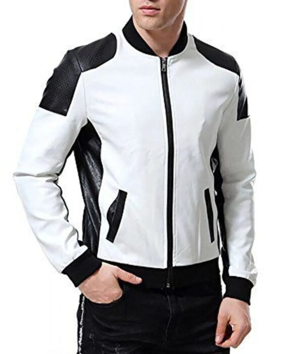 Men Black and White Leather Biker Bomber Jacket