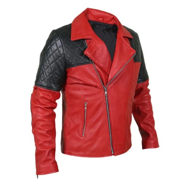 Men Black Diamond Quilted Shoulders Red Leather Jacket - Image 3