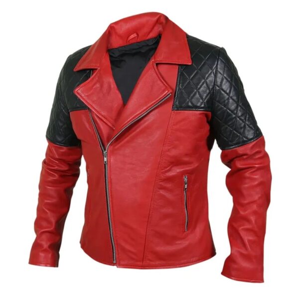 Men Black Diamond Quilted Shoulders Red Leather Jacket - Image 2