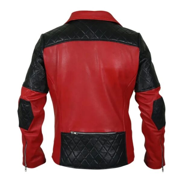 Men Black Diamond Quilted Shoulders Red Leather Jacket - Image 4