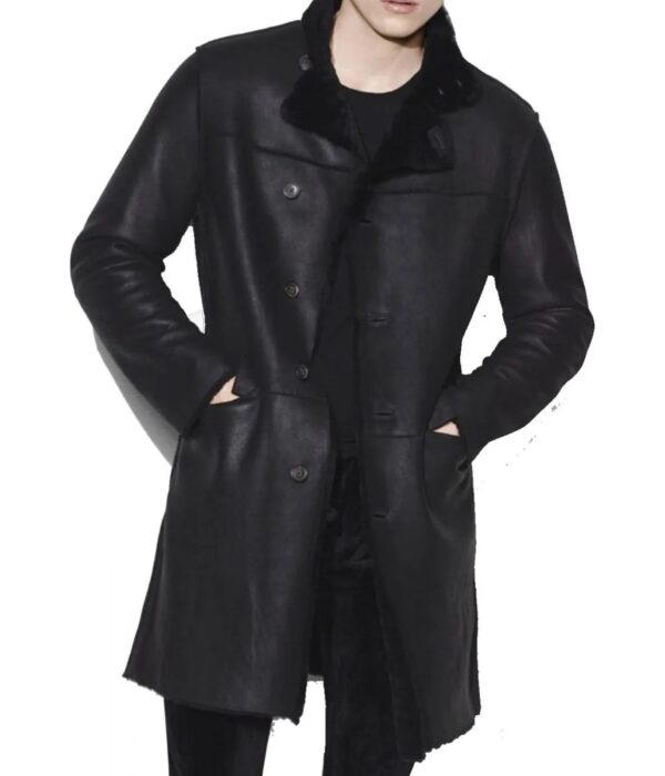 Men Black Leather Shearling Coat