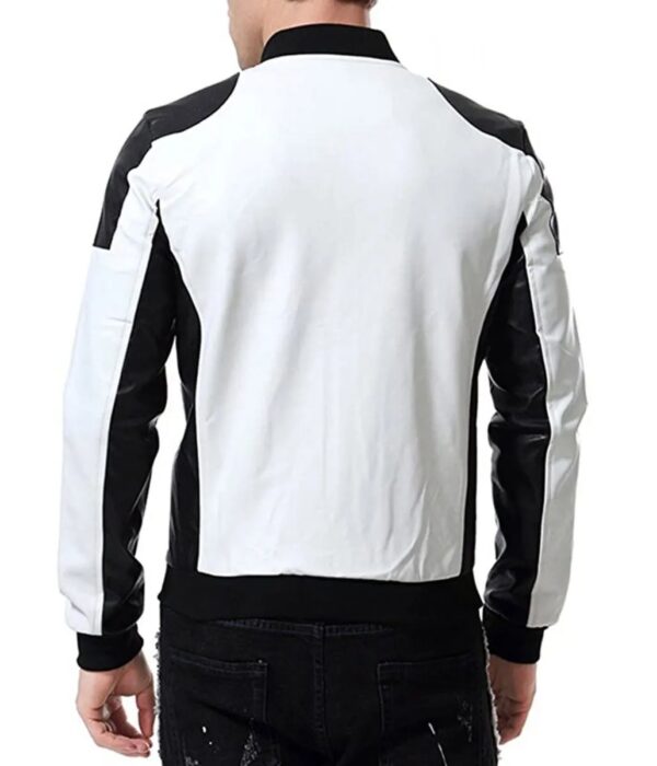 Men Black and White Leather Biker Bomber Jacket - Image 2