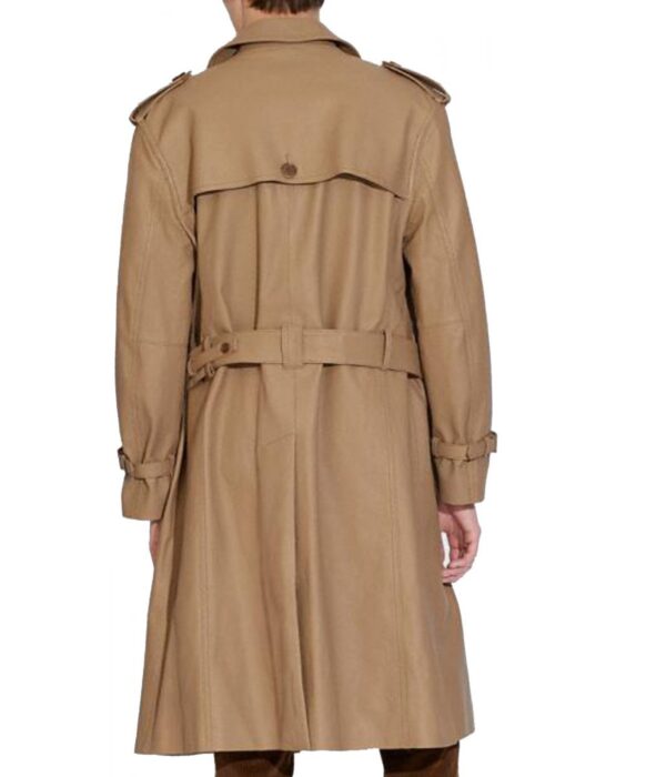 Men Double Breasted Light Brown Belted Leather Coat - Image 2