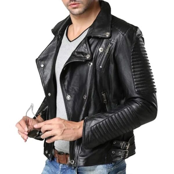 Men Padded Double Breasted Leather Jacket - Image 2