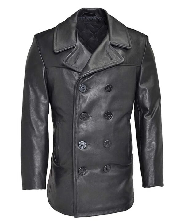 Men Naval Black Leather Peacoat