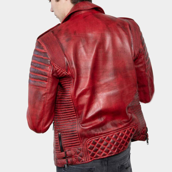 Mens Red Padded Leather Biker Jacket - Image 3