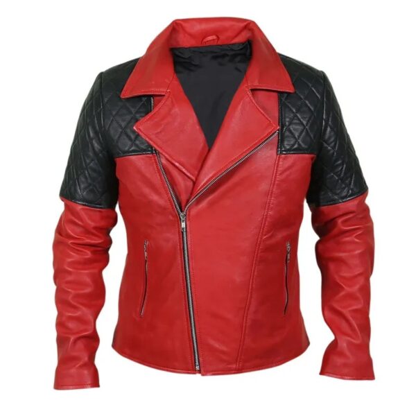 Men Red Leather Jacket with Diamond Quilted Shoulders
