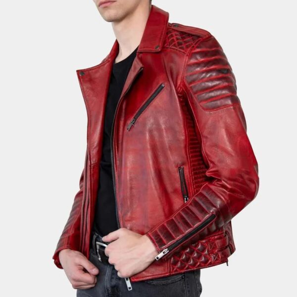 Bold Men Red Padded Leather Biker Jacket - Image 3