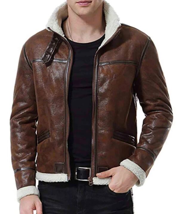 Men Biker Shearling Bomber Distressed Leather Jacket