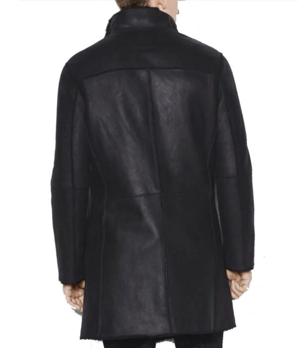 Men Black Leather Shearling Coat - Image 2