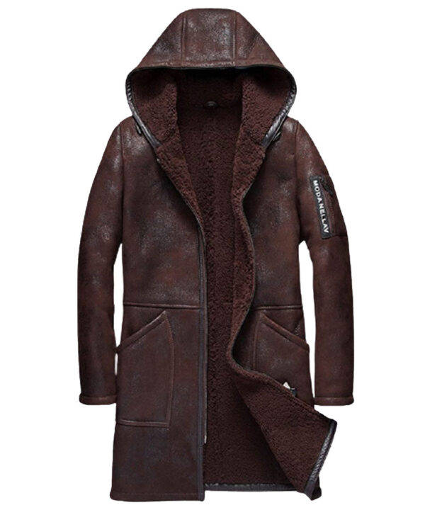 Men Moda Nellav Dark Brown Shearling Leather Hooded Coat