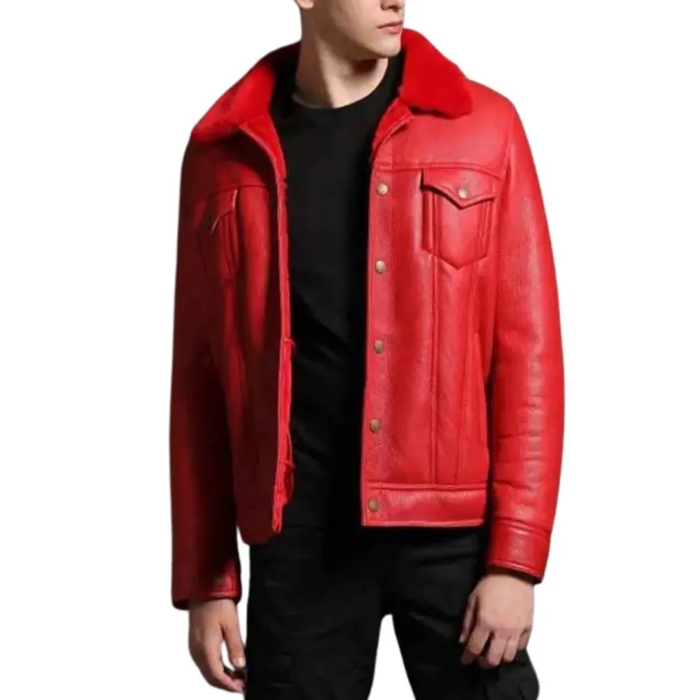mens trucker red leather shearling jacket