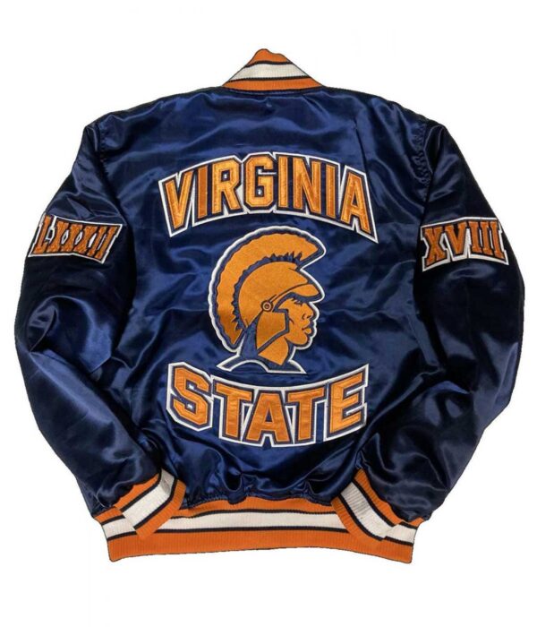 Men Blue Virginia State University Satin Bomber Jacket - Image 2