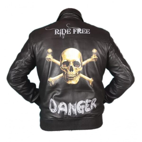 Danger Skull & Bone Ride Print Biker Leather Jacket - Image 3
