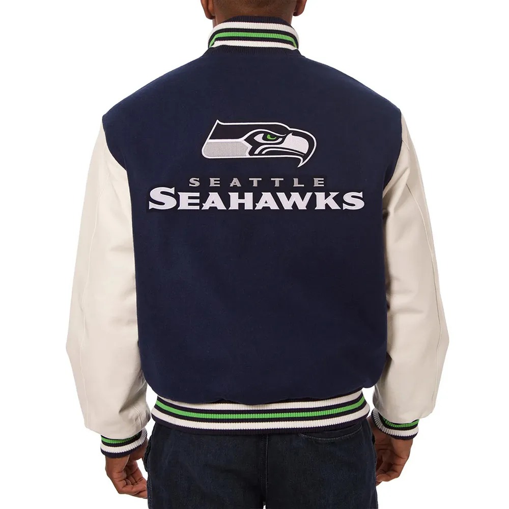 seattle seahawks blue and white two tone varsity jacket