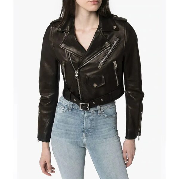 Women Black Lambskin Biker Cropped Leather Jacket - Image 2