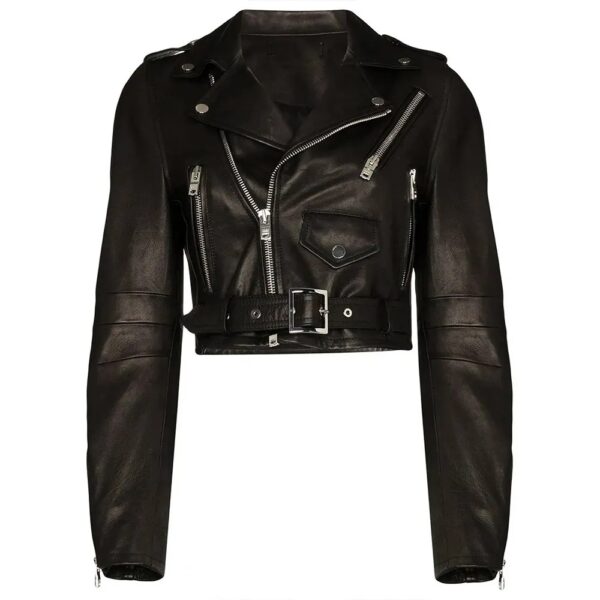 Women Black Lambskin Biker Cropped Leather Jacket