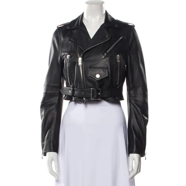 Womens Cropped Black Leather Biker Jacket - Image 2