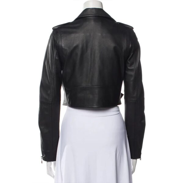 Womens Cropped Black Leather Biker Jacket - Image 3