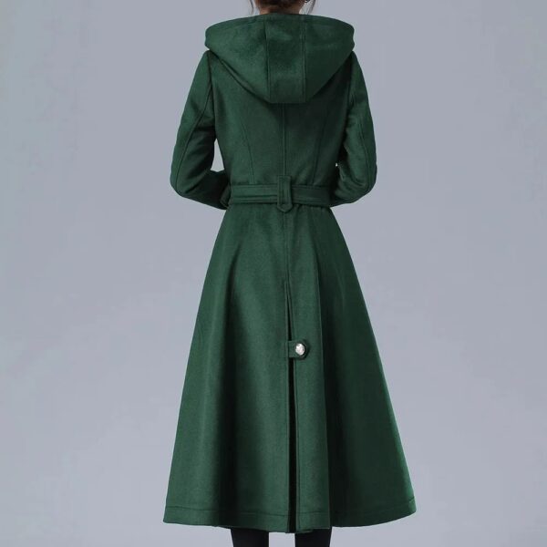 Womens Double Breasted Green Wool Trench Coat - Image 2