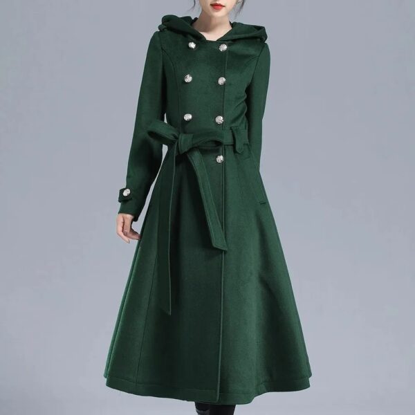 Womens Double Breasted Green Wool Trench Coat