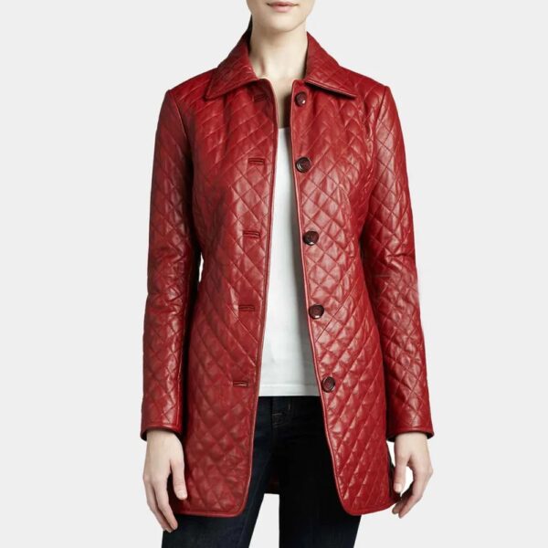 Women Quilted Red Mid-Length Leather Coat