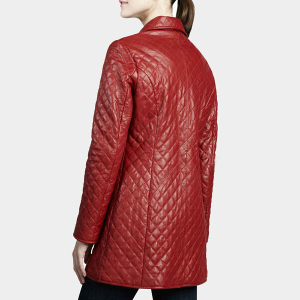 Women Quilted Red Mid-Length Leather Coat - Image 2