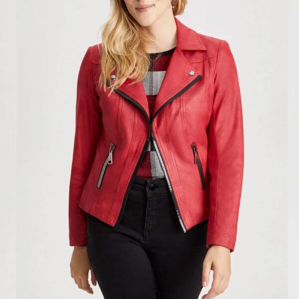 Women Vex Zipper Trim Red Leather Jacket - Image 2