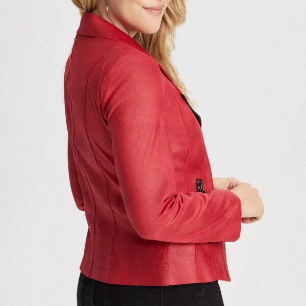 Women Vex Zipper Trim Red Leather Jacket - Image 3