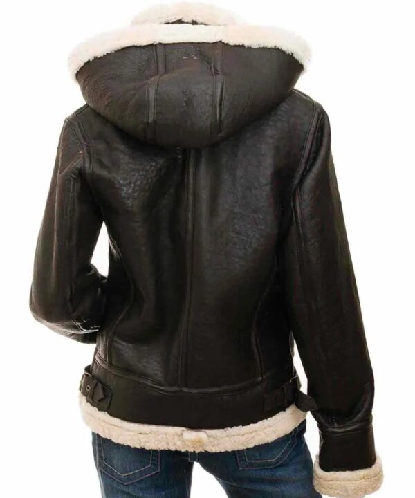 Women Shearling Buckle Collar Brown Leather Jacket with Hood - Image 2