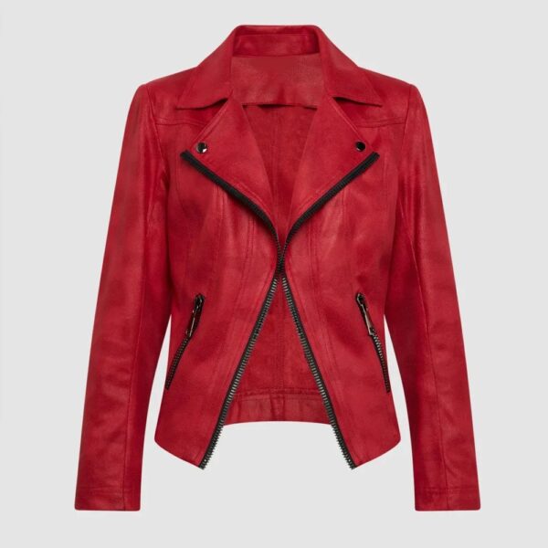 Women Vex Zipper Trim Red Leather Jacket