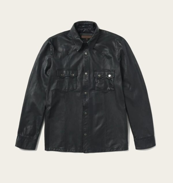 Men Black Leather Western Shirt Jacket