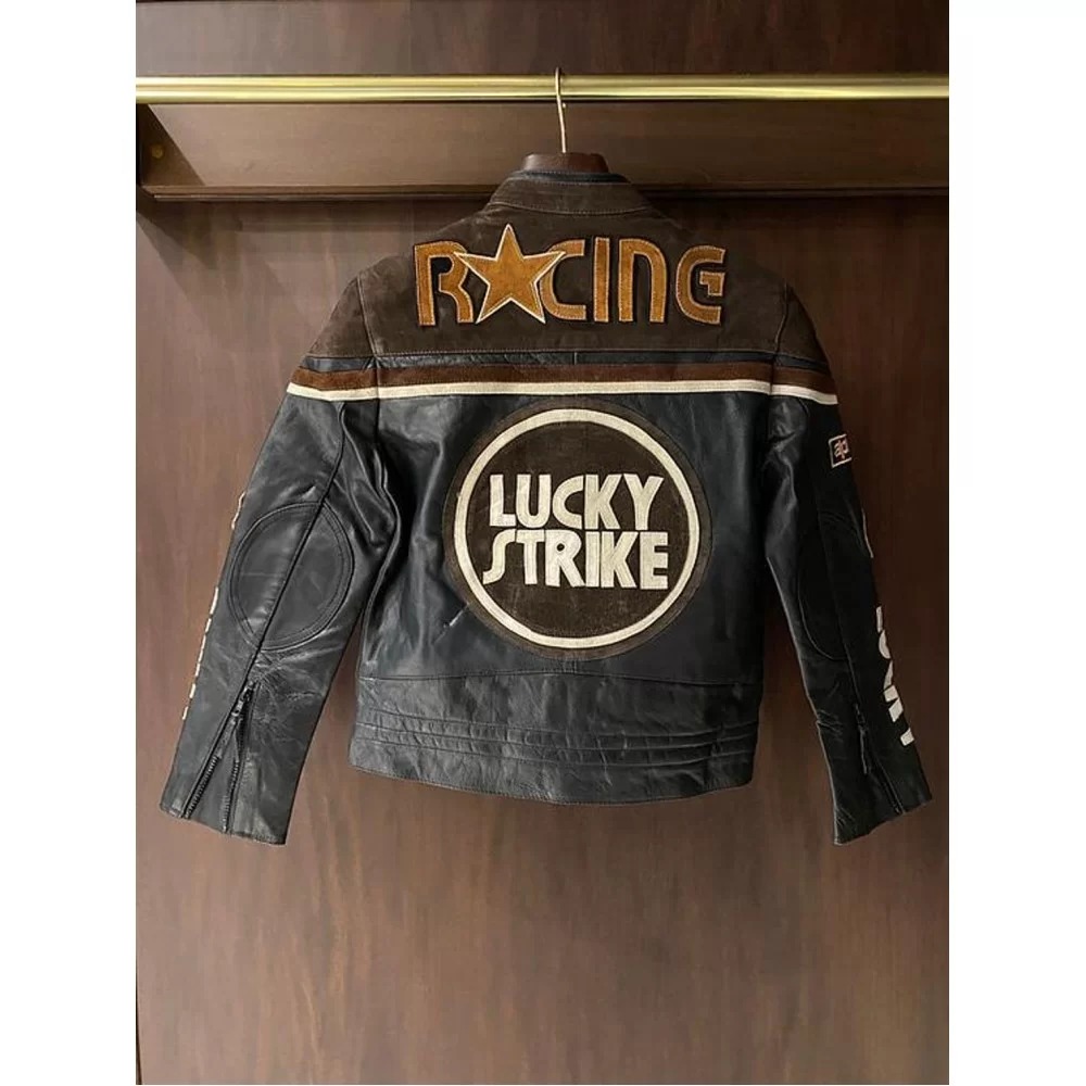 Handmade Mens Lucky Strike Racing Leather Biker Jacket