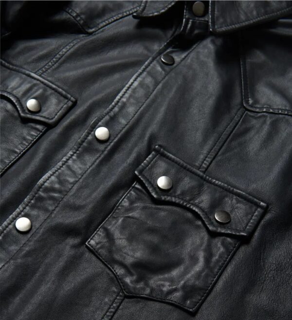 Men Black Leather Western Shirt Jacket - Image 4