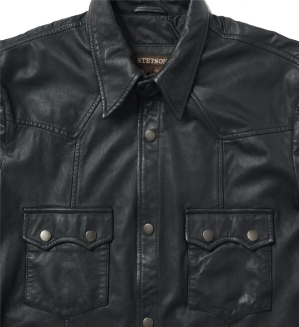 Men Black Leather Western Shirt Jacket - Image 3