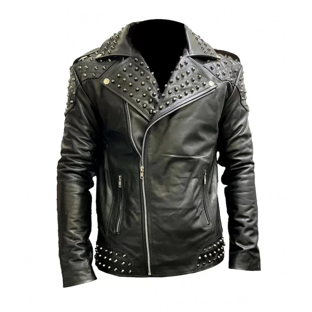 Mens Black Punk Motorcycle Jacket with Silver Spikes Biker Studded Leather Jacket