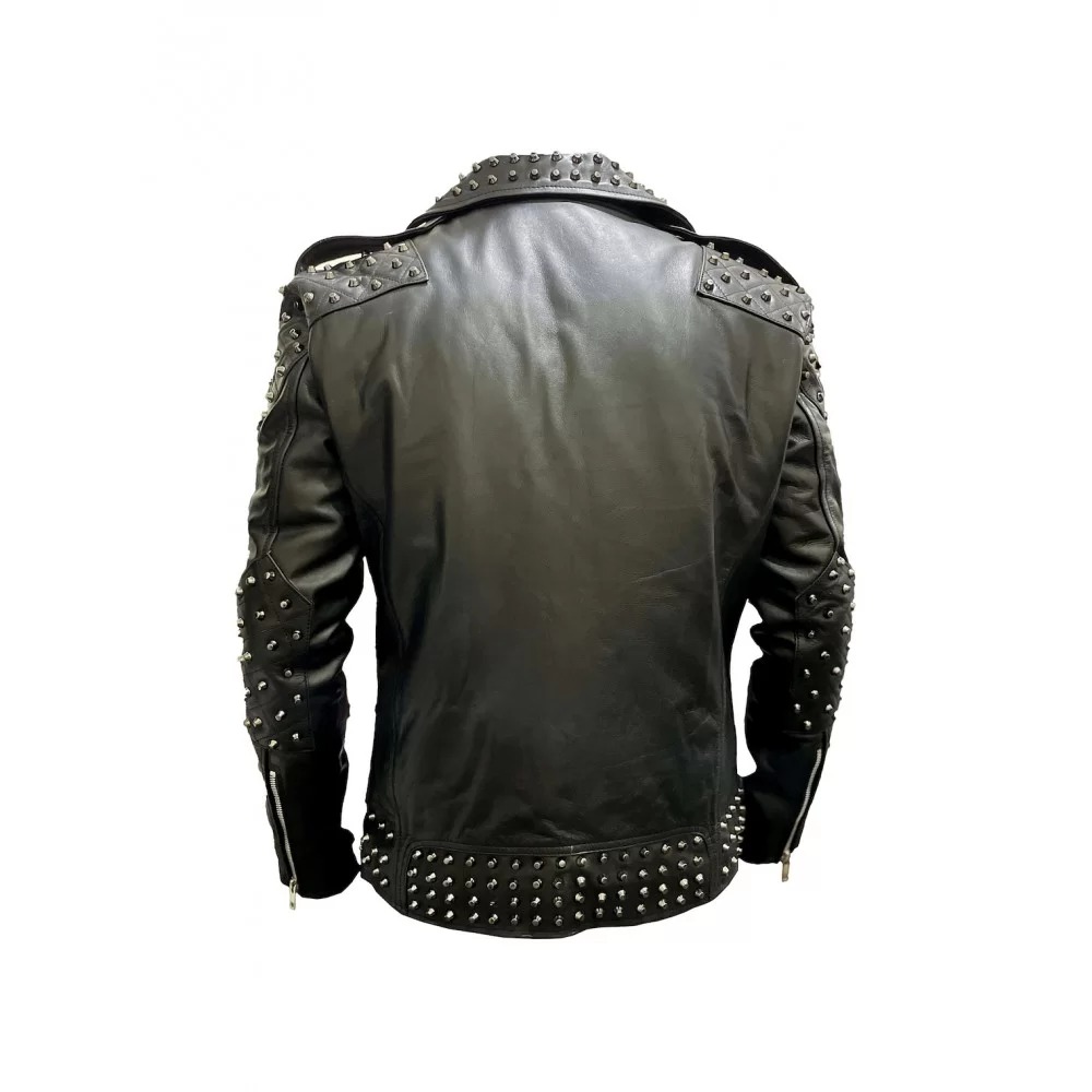Mens Black Punk Motorcycle Jacket with Silver Spikes Biker Studded Leather Jackets