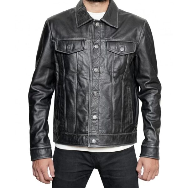 Men Classic Black Leather Trucker Jacket